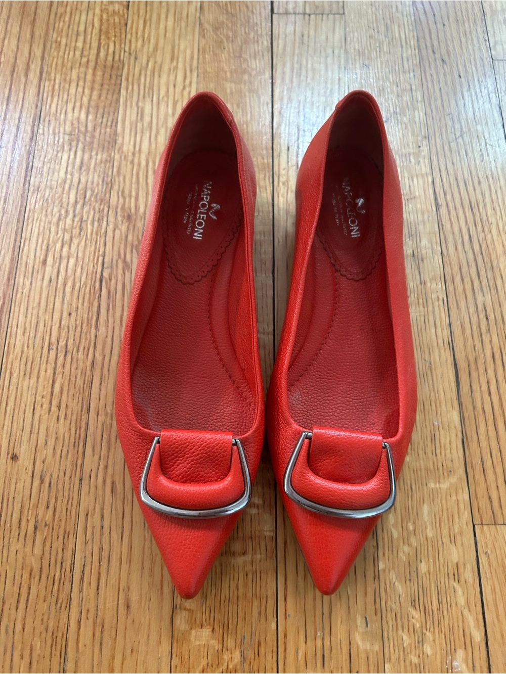 Napoleoni Red Pointed Toe Buckle Flats